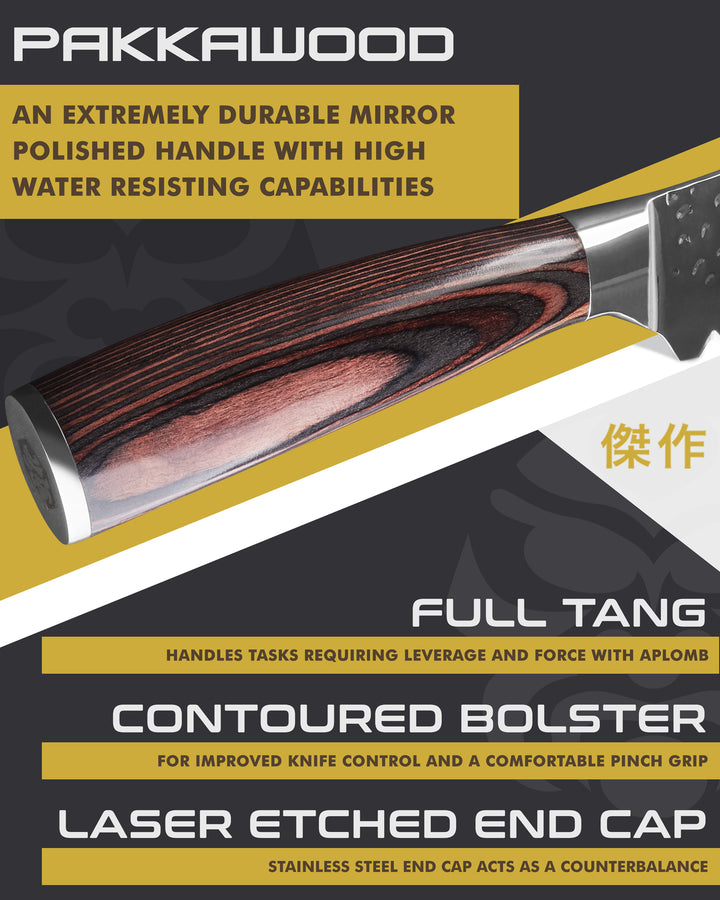 Kessaku Samurai Sandwich Knife handle features: Pakkawood handle, full tang, contoured bolster, laser etched end cap