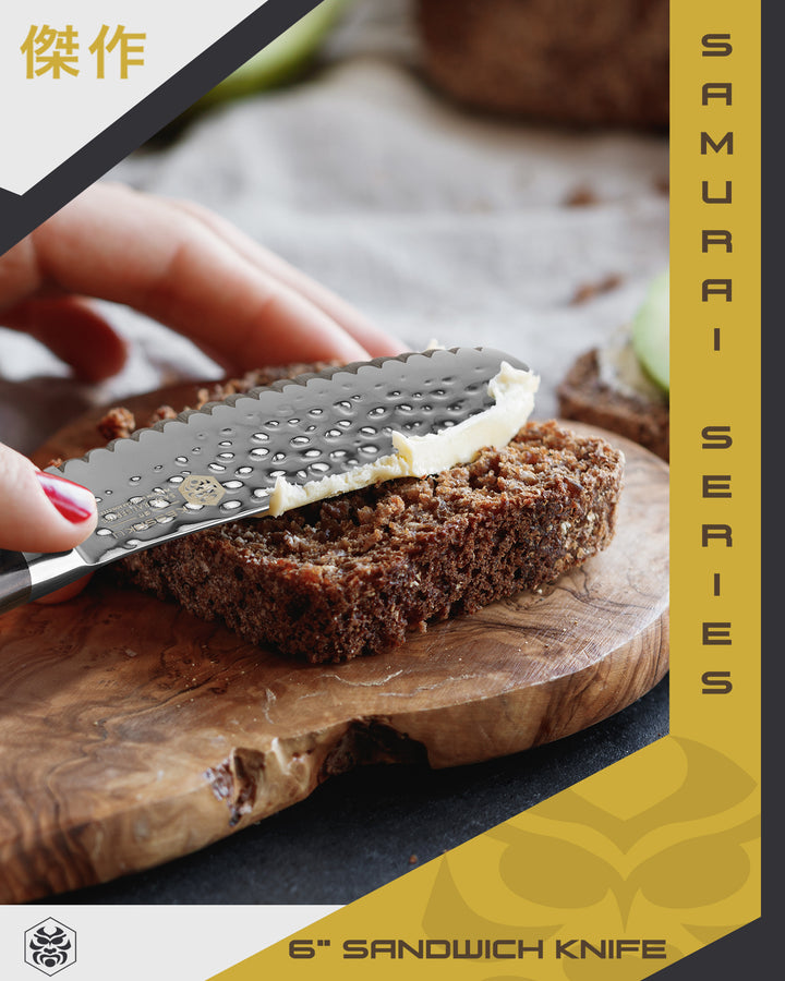 A woman spreads butter on wheat bread with the Samurai Sandwich Spreader
