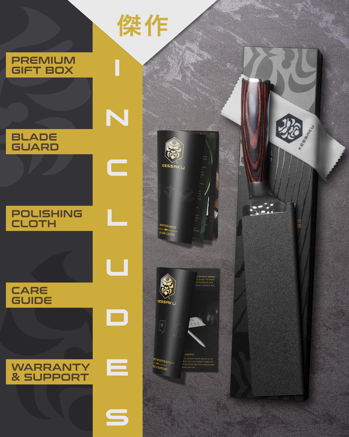 The Kessaku Samurai Sandwich Knife comes in a premium gift box with a blade guard, polishing cloth, care guide, and warranty & support booklet