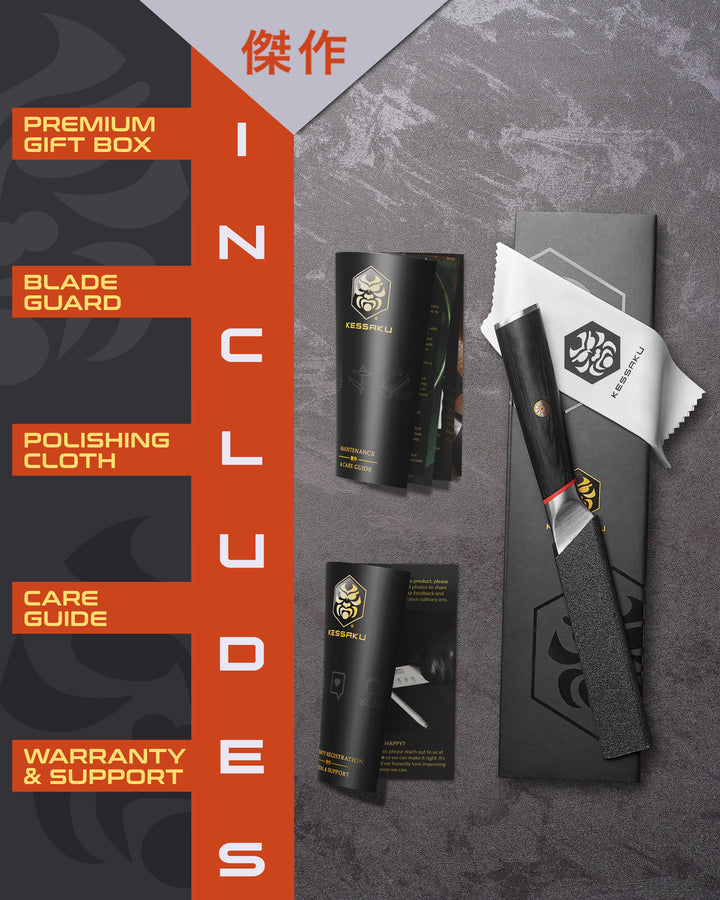 The Kessaku Spectre Paring Knife comes in a premium gift box with a blade guard, polishing cloth, care guide, and warranty & support booklet