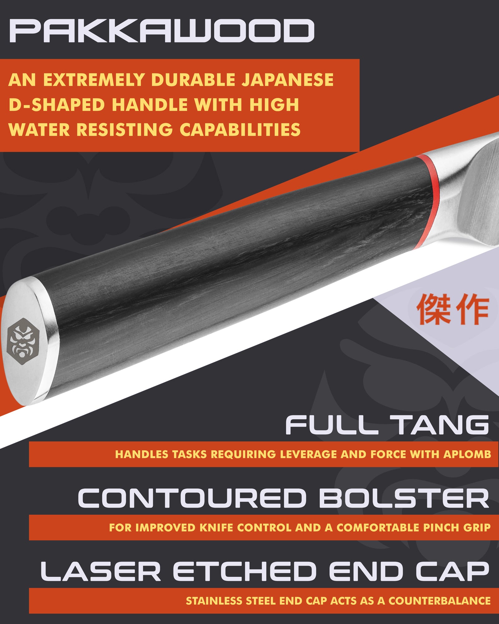 Kessaku Spectre Boning Knife handle features: Pakkawood handle, full tang, contoured bolster, laser etched end cap