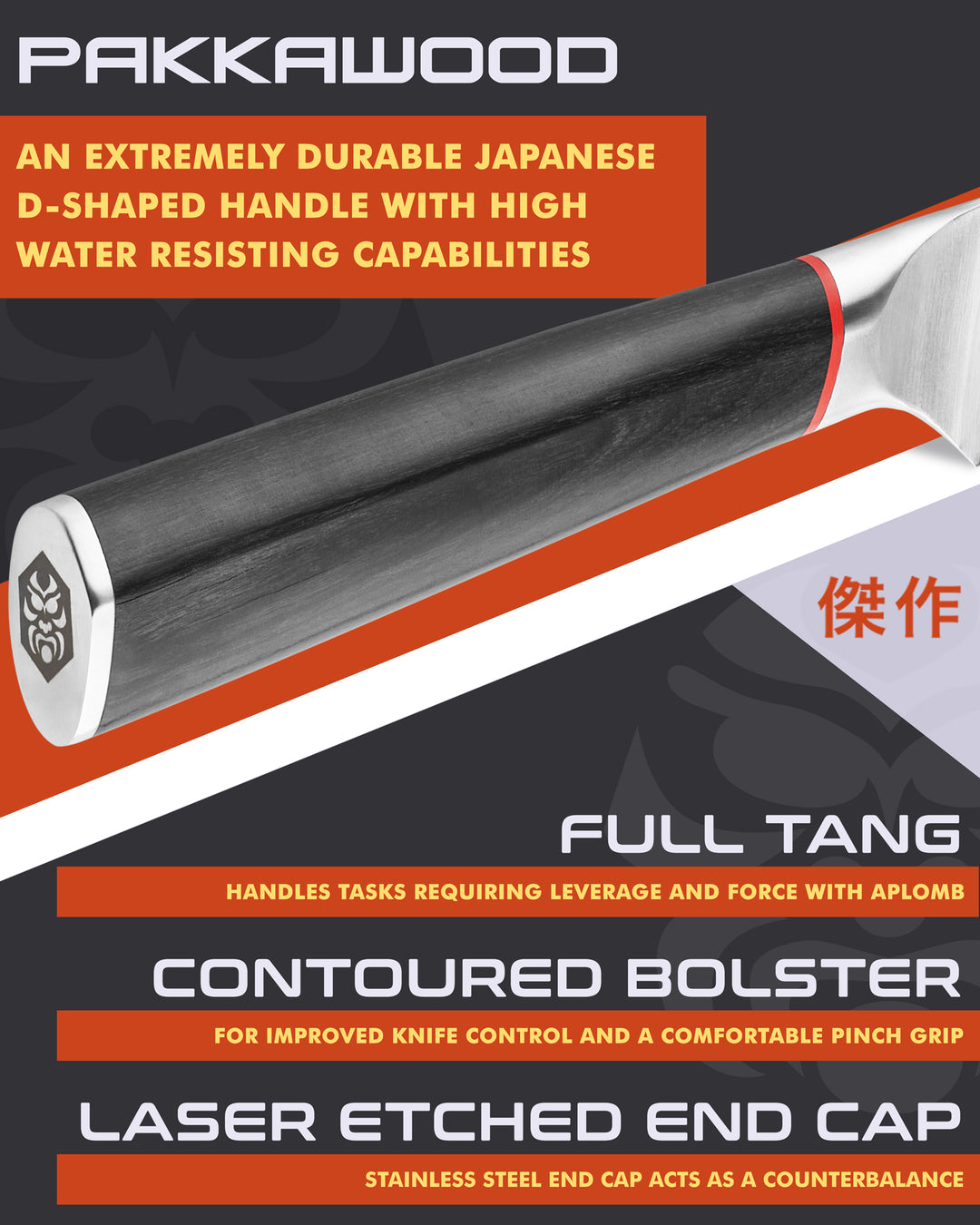 Kessaku Spectre Slicing Knife handle features: Pakkawood handle, full tang, contoured bolster, laser etched end cap