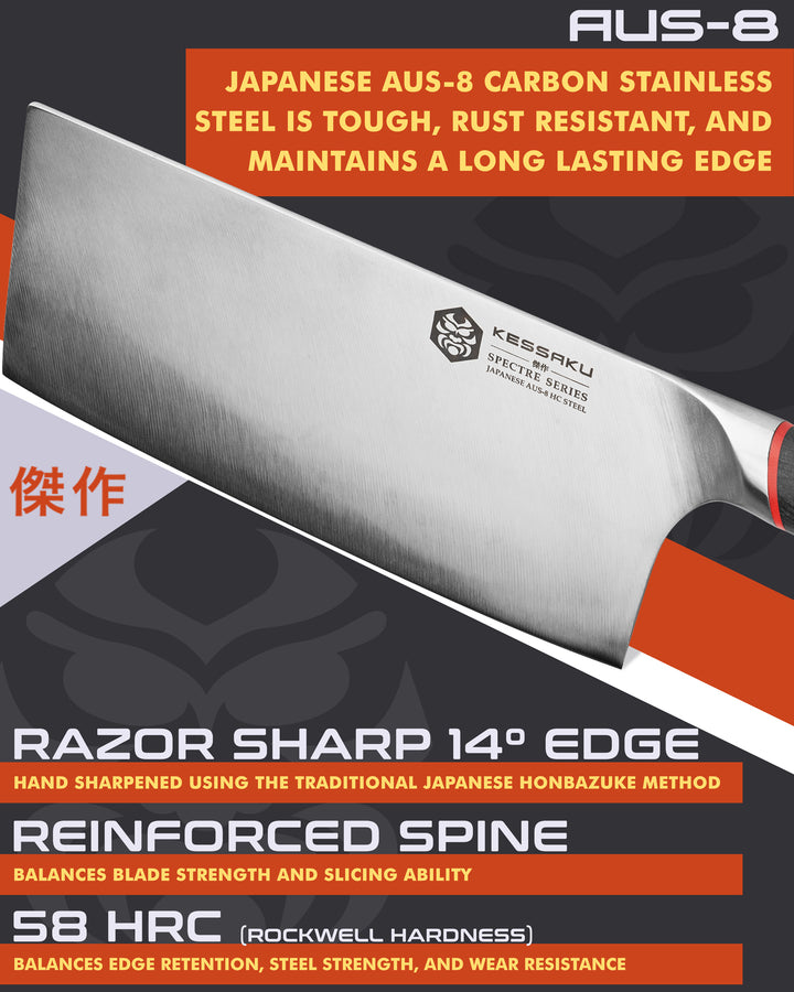 Kessaku Spectre Cleaver Knife blade features: AUS-8 steel, 58 HRC, 14 degree edge, reinforced spine