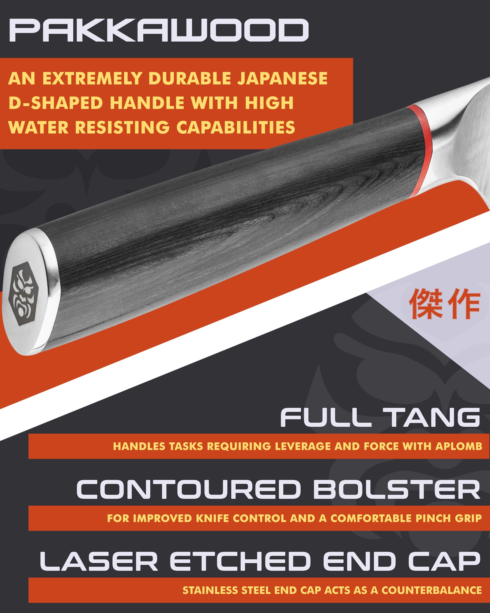 Kessaku Spectre Cleaver Knife handle features: Pakkawood handle, full tang, contoured bolster, laser etched end cap