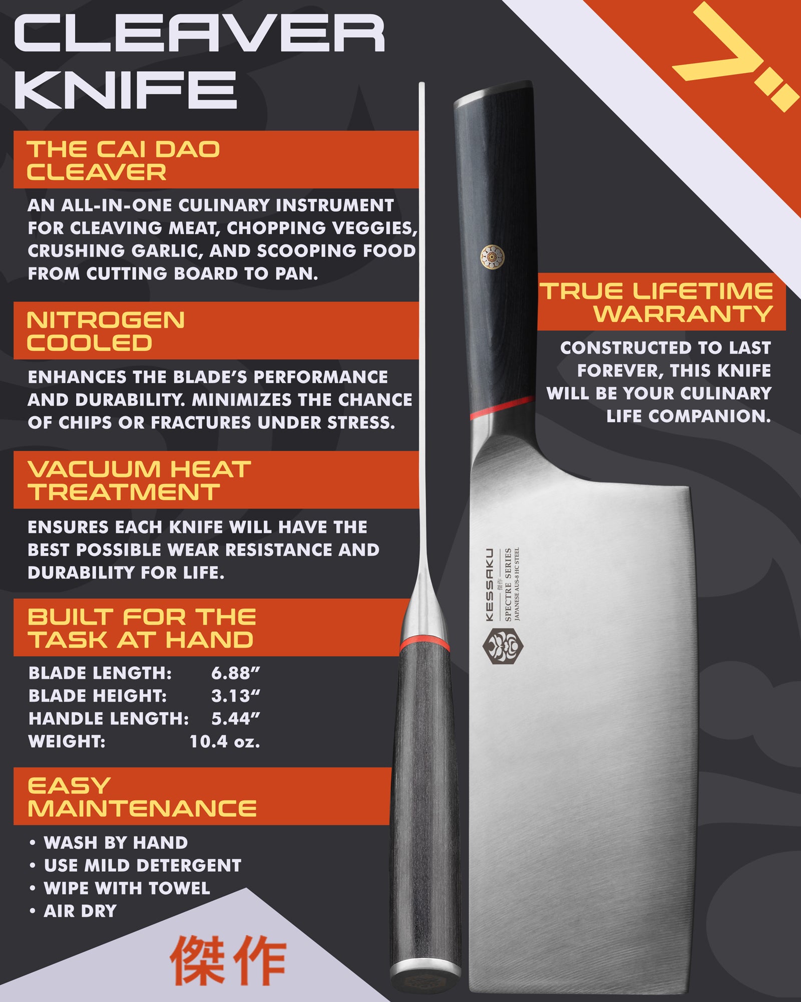 Kessaku Spectre Cleaver Knife uses, dimensions, maintenance, warranty info, and additional blade treatments