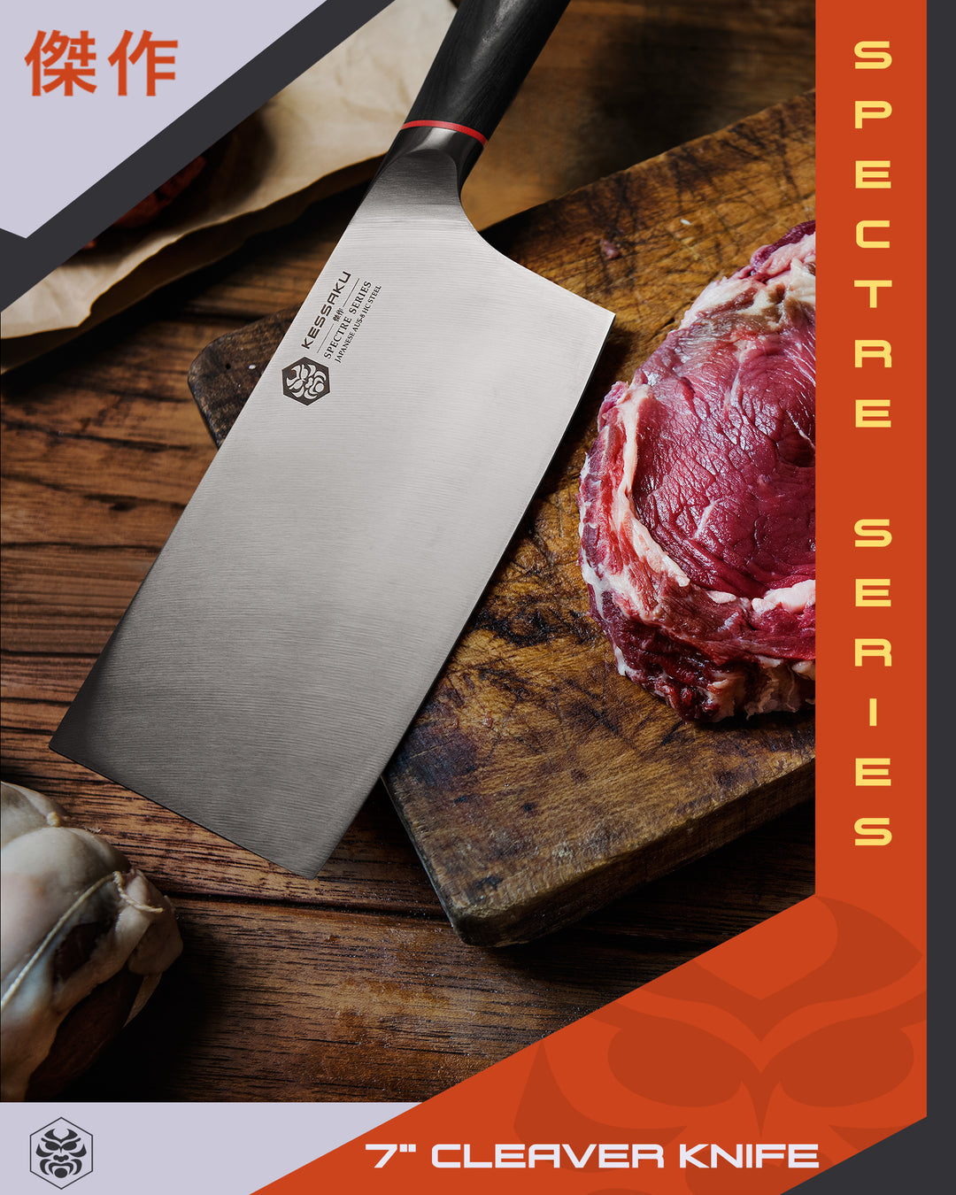 The Spectre Cleaver on a cutting board with a perfectly trimmed cut of steak