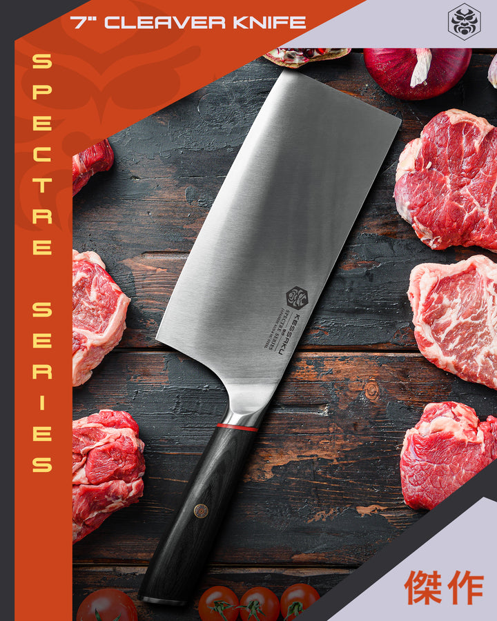 The Spectre Cleaver surrounded by various cuts of beef