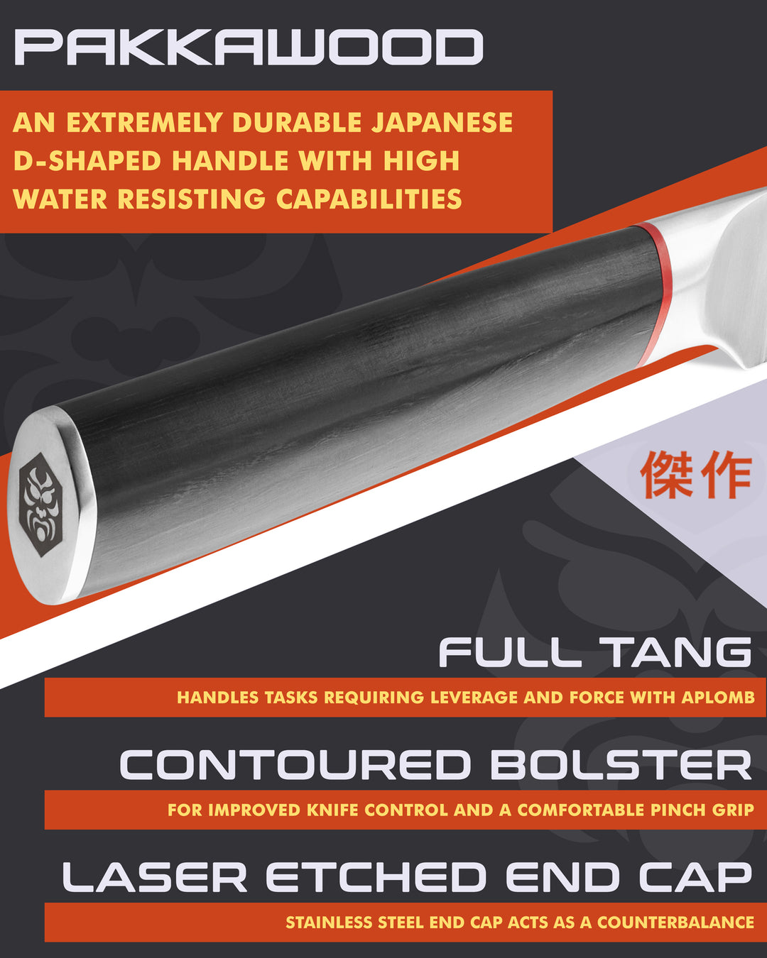 Kessaku Spectre Bread Knife handle features: Pakkawood handle, full tang, contoured bolster, laser etched end cap