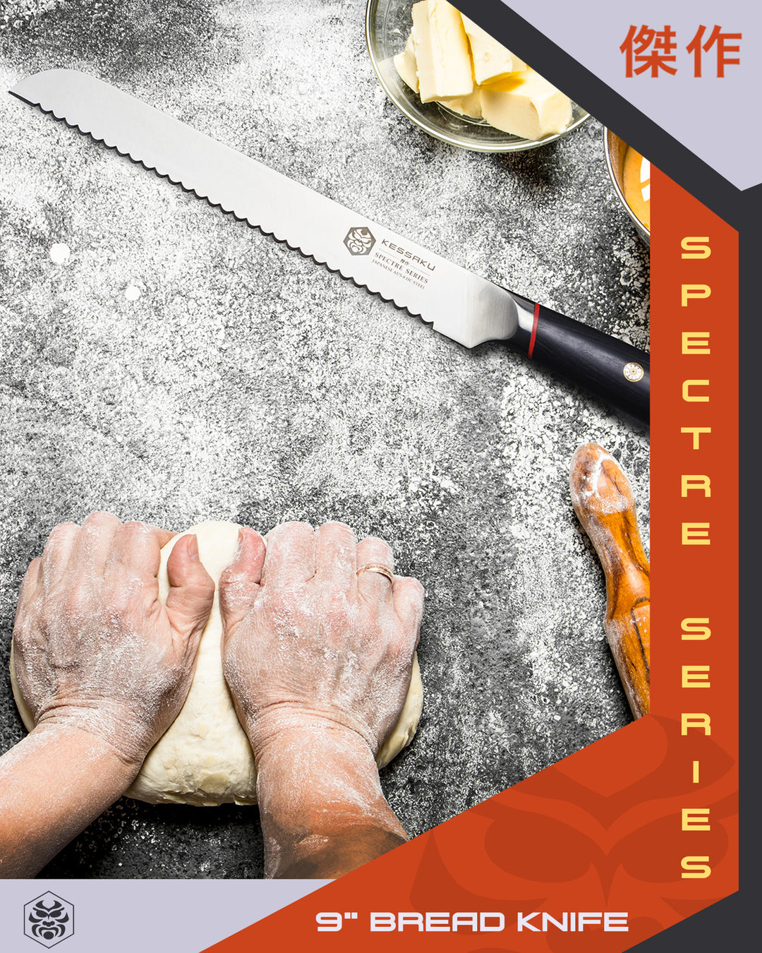 A baker kneads dough as the Spectre Bread knife waits in anticipation
