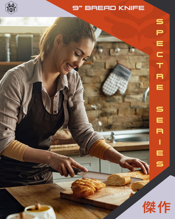 A woman slices a baguette with the Spectre Bread Knife