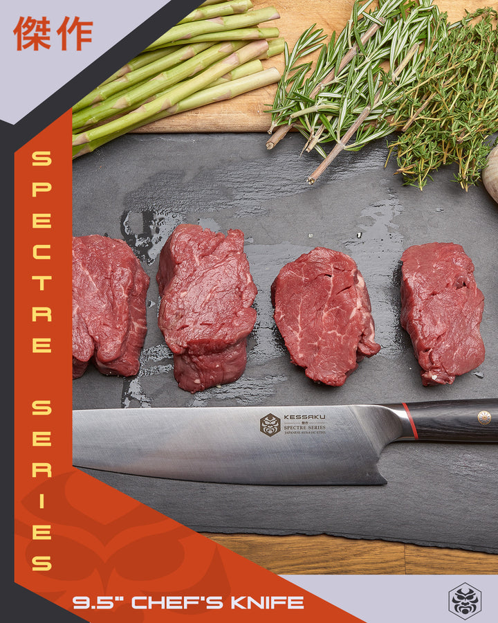 The K-Tip Spectre Chef Knife after cutting a filet mignon into steaks. Asparagus, rosemary, and sage accompany