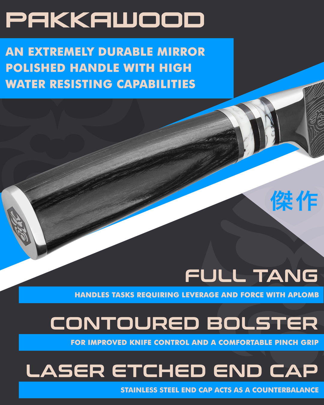 Kessaku Ronin Carving Knife handle features: Pakkawood handle, full tang, contoured bolster, laser etched end cap