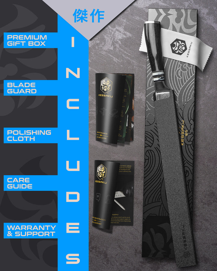 The Kessaku Ronin Carving Knife comes in a premium gift box with a blade guard, polishing cloth, care guide, and warranty & support booklet