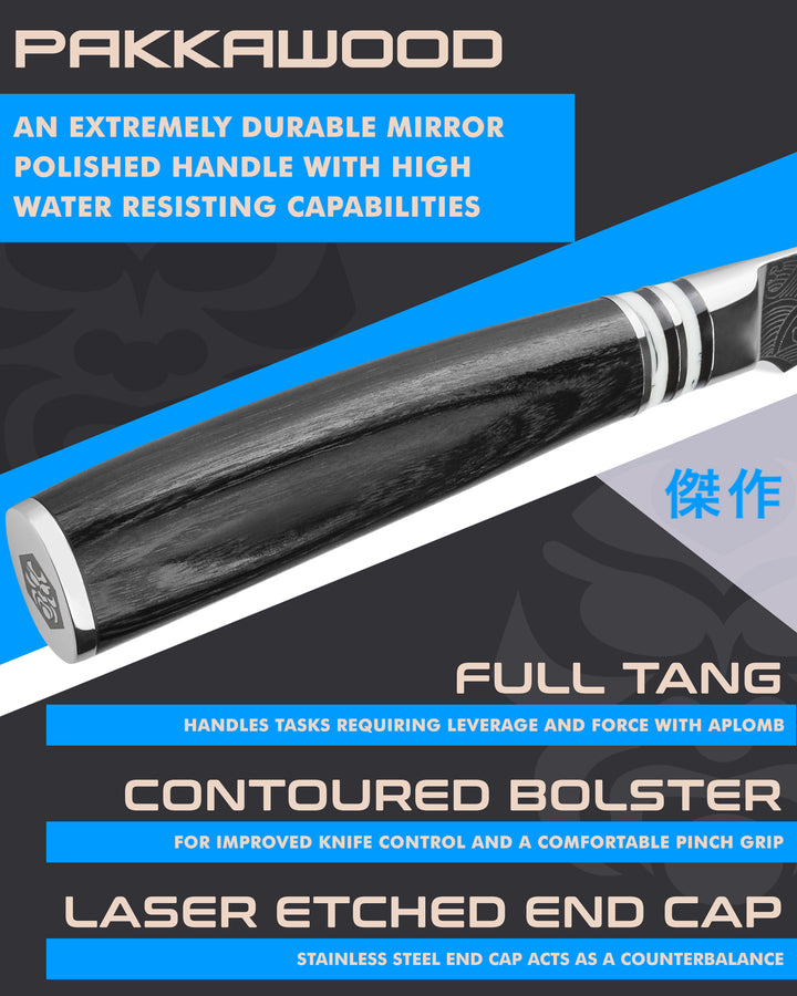 Kessaku Ronin Tourne Knife handle features: Pakkawood handle, full tang, contoured bolster, laser etched end cap