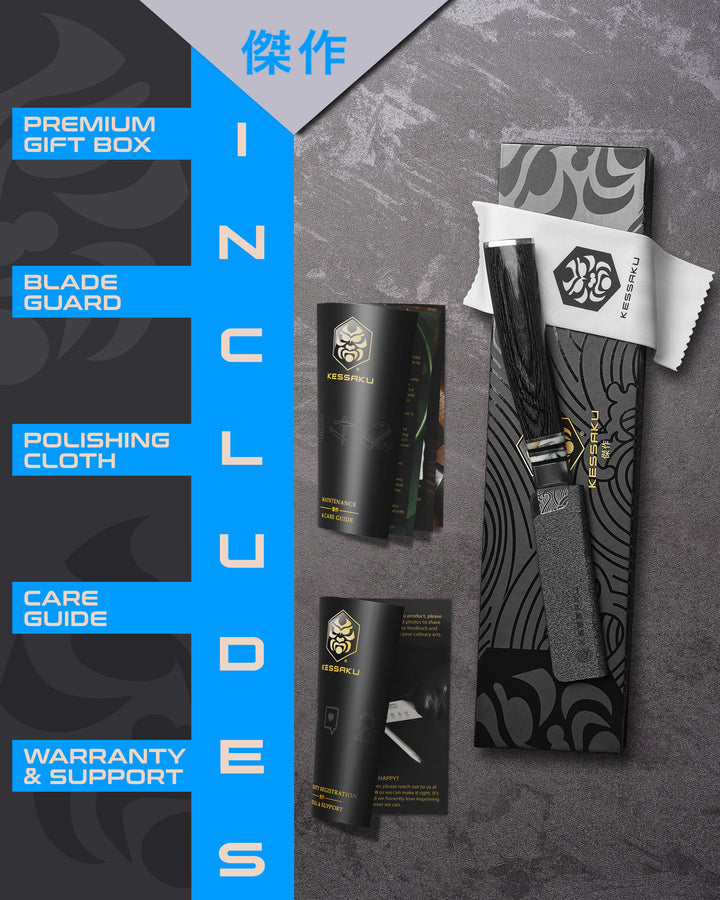 The Kessaku Ronin Bird's Beak Tourne Paring Knife comes in a premium gift box with a blade guard, polishing cloth, care guide, and warranty & support booklet
