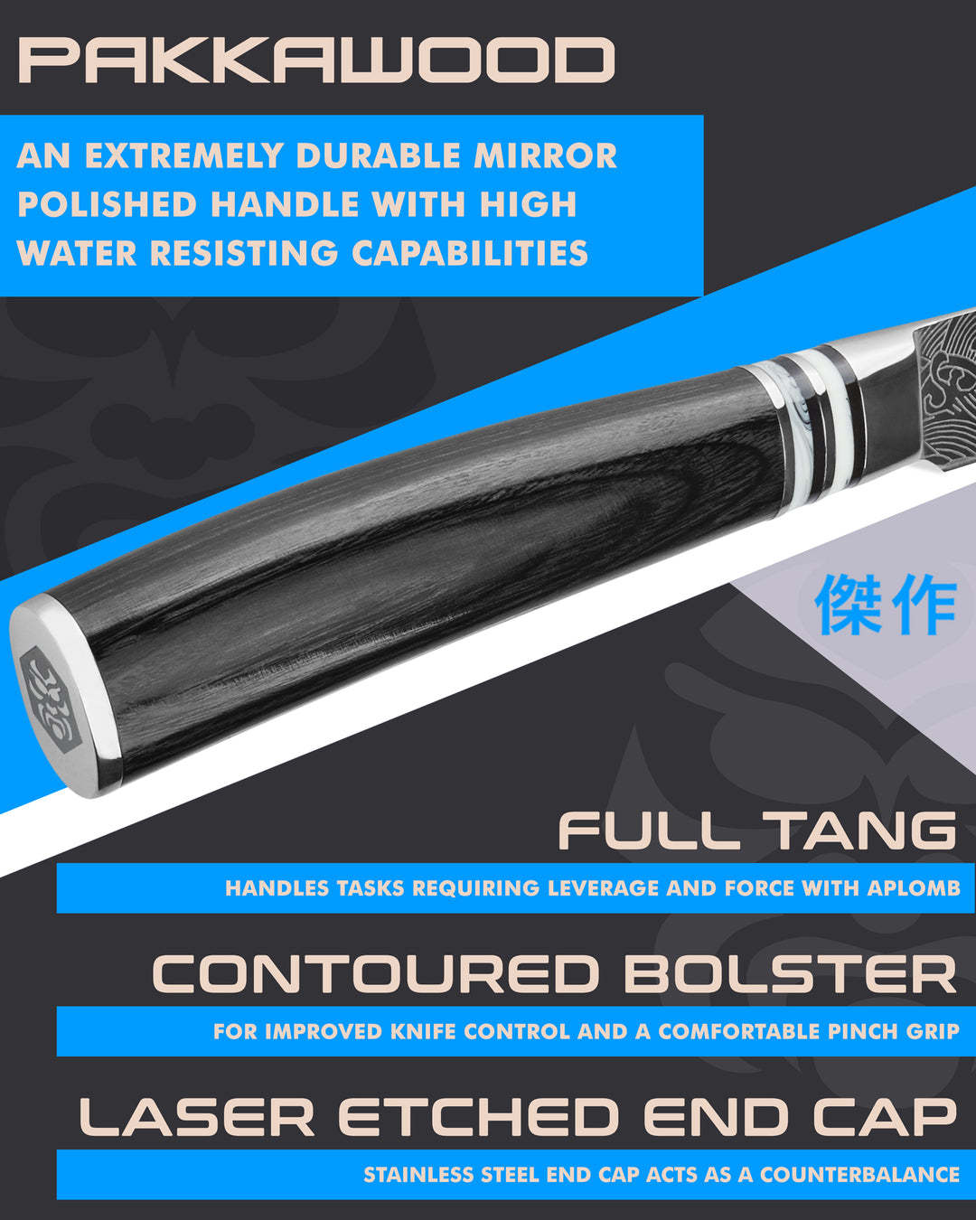 Kessaku Ronin Paring Knife handle features: Pakkawood handle, full tang, contoured bolster, laser etched end cap