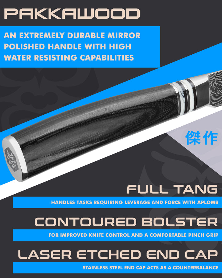 Kessaku Ronin Paring Knife handle features: Pakkawood handle, full tang, contoured bolster, laser etched end cap
