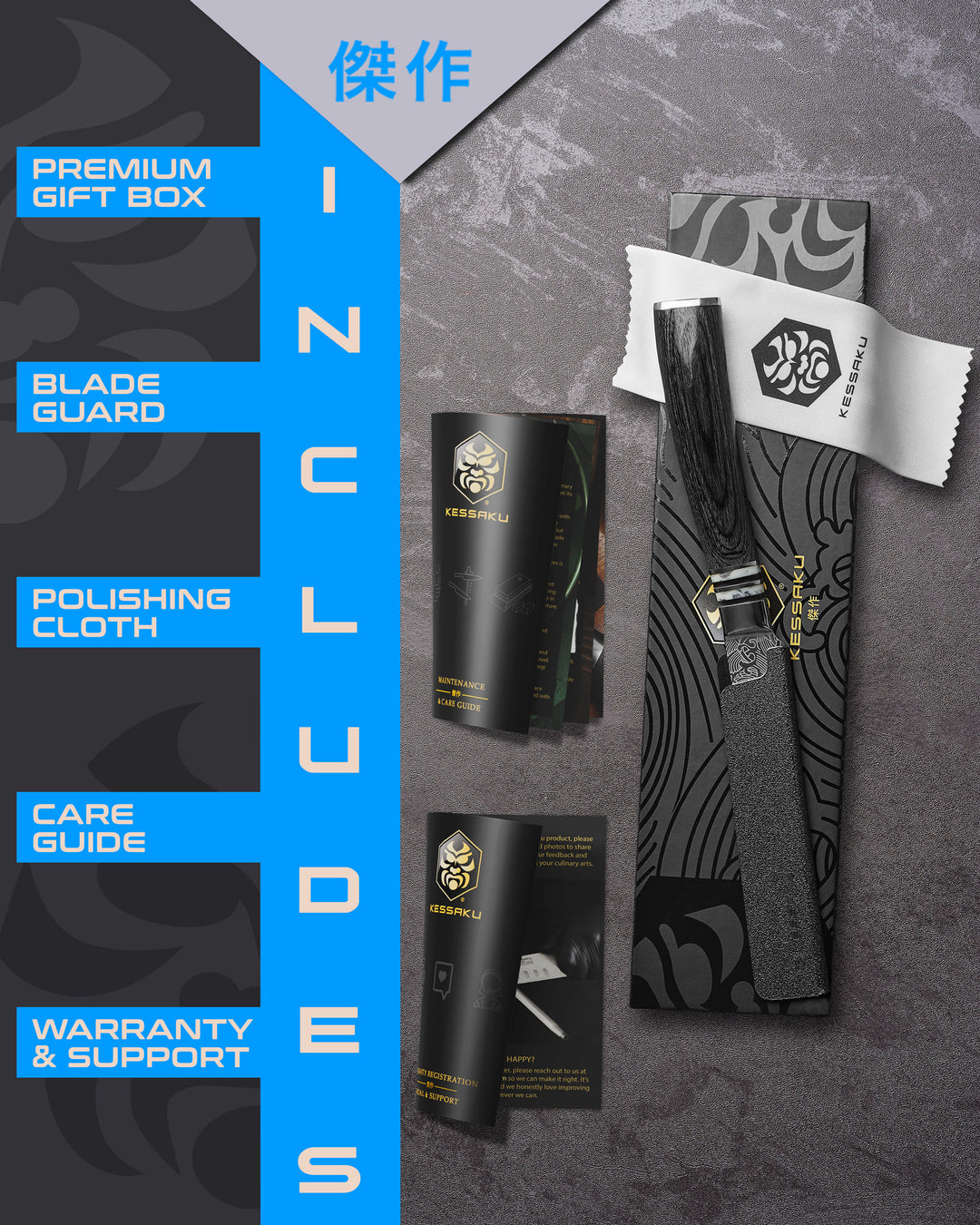The Kessaku Ronin Paring Knife comes in a premium gift box with a blade guard, polishing cloth, care guide, and warranty & support booklet
