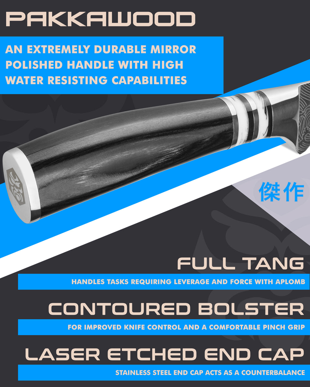 Kessaku Ronin Boning Knife handle features: Pakkawood handle, full tang, contoured bolster, laser etched end cap