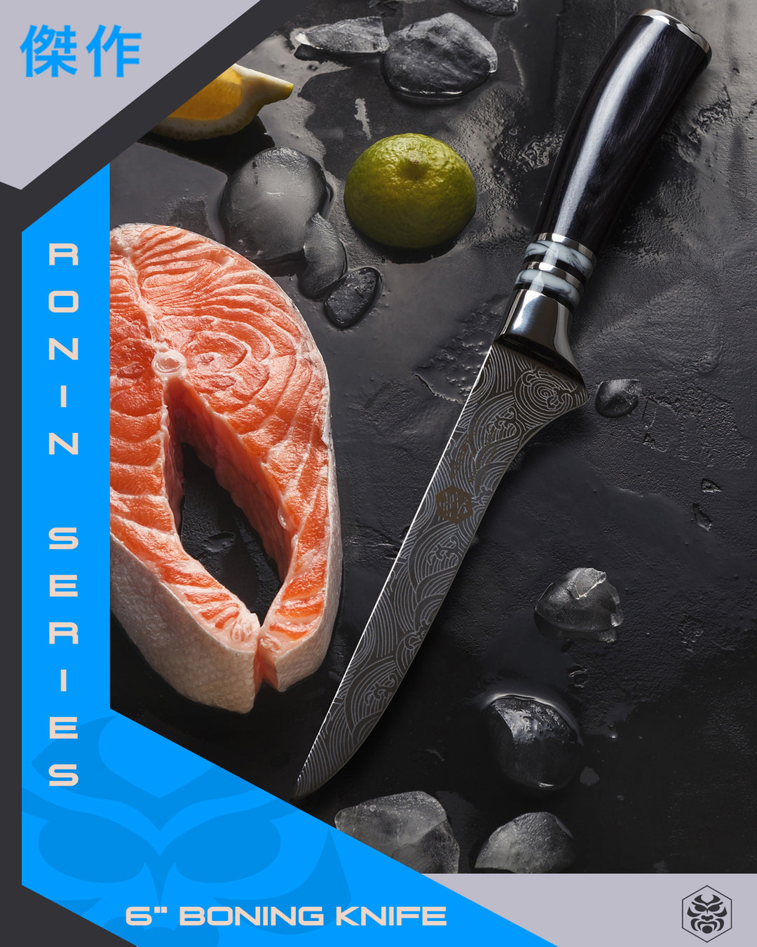 A salmon steak, sliced lemon, and ice lay on a black slate countertop