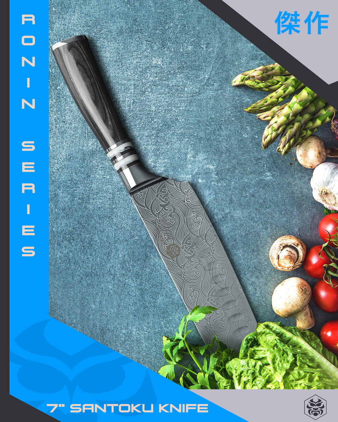 The Ronin Santoku surrounded by heirloom tomatoes, avocado, fish, asparagus, garlic, mushrooms, cherry tomatoes, and lettuce.