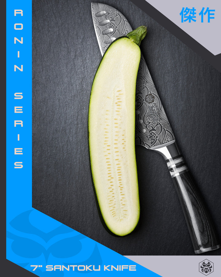 The Ronin Santoku Knife after slicing an zucchini in half