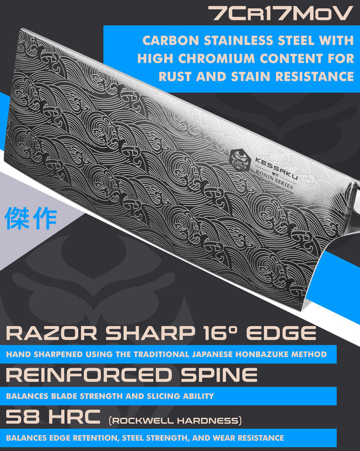 Kessaku Ronin Cleaver Knife blade features: 7Cr17MoV steel, 58 HRC, 16 degree edge, reinforced spine