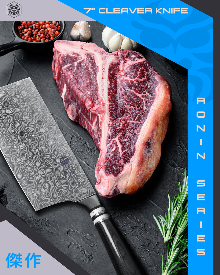 The Ronin Cleaver Knife and a t-bone steak
