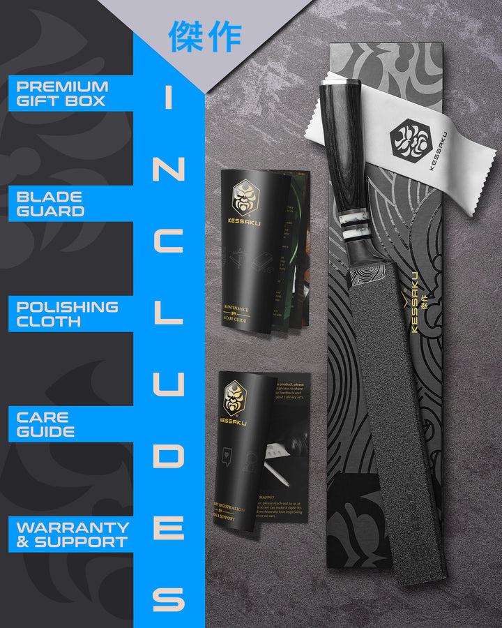 The Kessaku Ronin Bread Knife comes in a premium gift box with a blade guard, polishing cloth, care guide, and warranty & support booklet