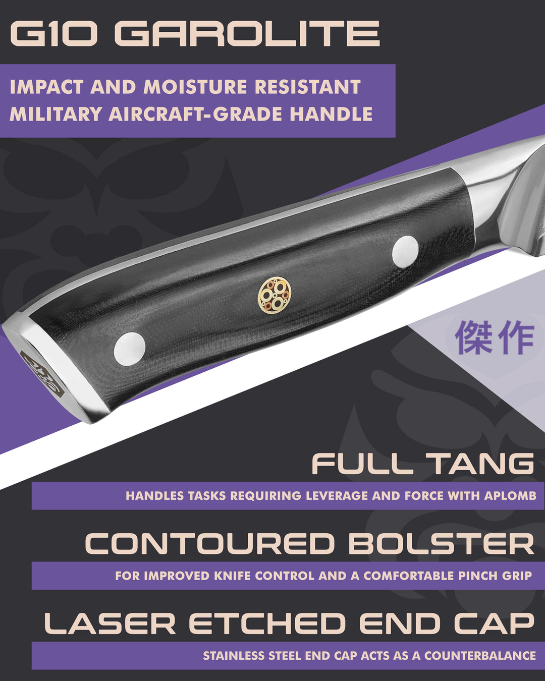 Kessaku Dynasty Damascus Carving Knife handle features: G10 handle, full tang, contoured bolster, laser etched end cap