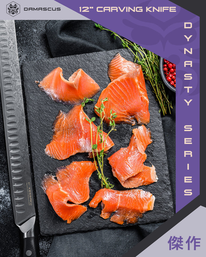 The Dynasty Damascus Carving knife next to paper thin slices of salmon.