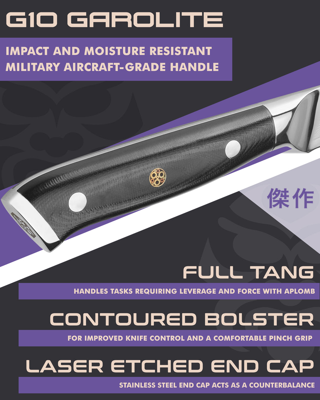 Kessaku Damascus Paring Knife handle features: G10 handle, full tang, contoured bolster, laser etched end cap
