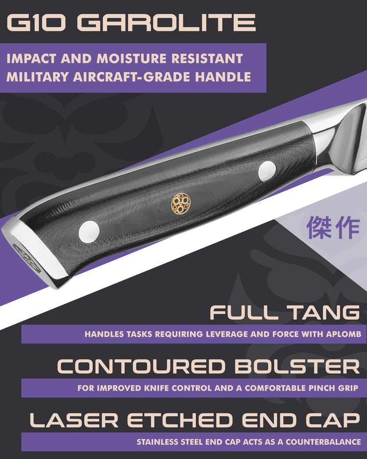 Kessaku Damascus Paring Knife handle features: G10 handle, full tang, contoured bolster, laser etched end cap