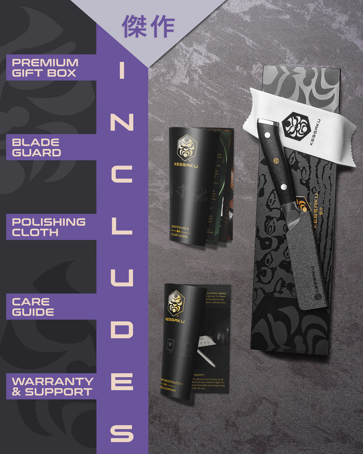 The Kessaku Dynasty Damascus Paring Knife comes in a premium gift box with a blade guard, polishing cloth, care guide, and warranty & support booklet