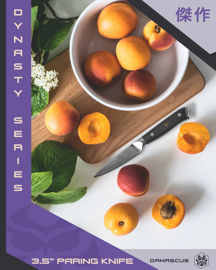 Peaches halved with the Damascus Paring Knife