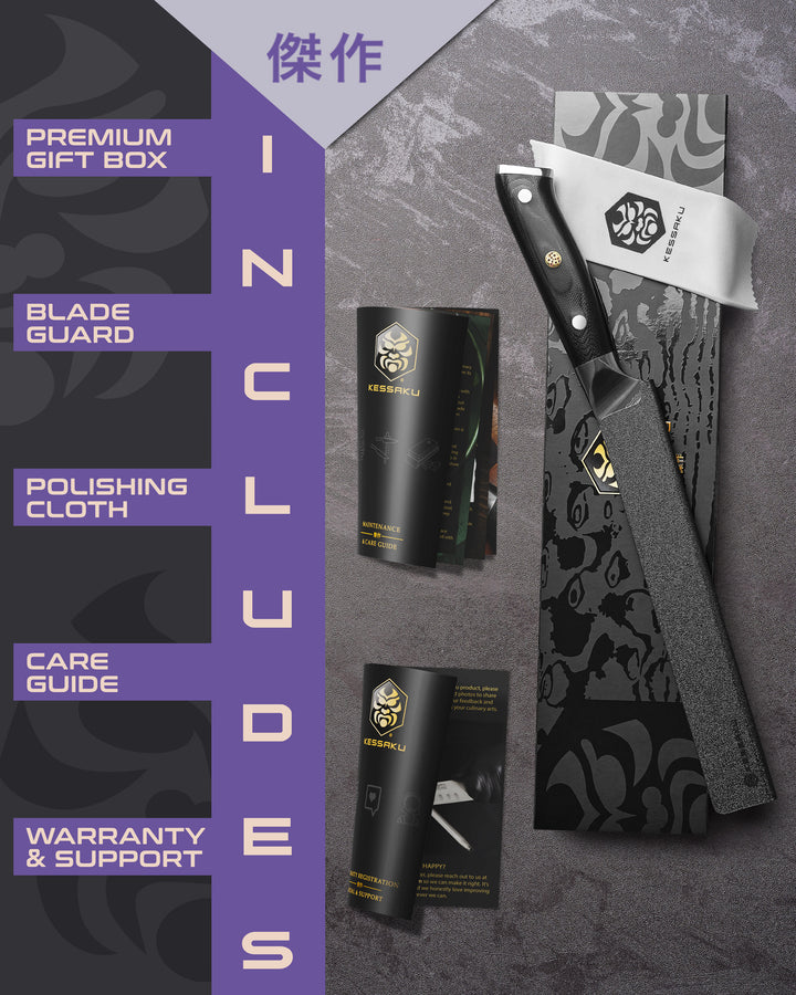 The Kessaku Dynasty Damascus Fillet Knife comes in a premium gift box with a blade guard, polishing cloth, care guide, and warranty & support booklet