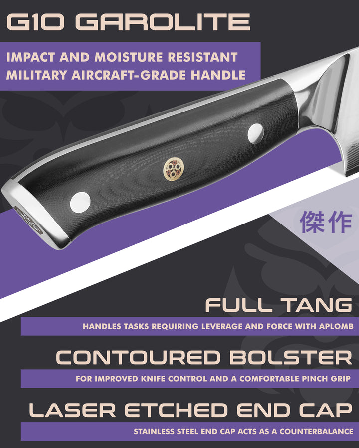 Kessaku Dynasty Damascus Santoku Knife handle features: G10 handle, full tang, contoured bolster, laser etched end cap