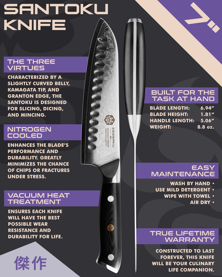 Kessaku Dynasty Damascus Santoku Knife uses, dimensions, maintenance, warranty info, and additional blade treatments