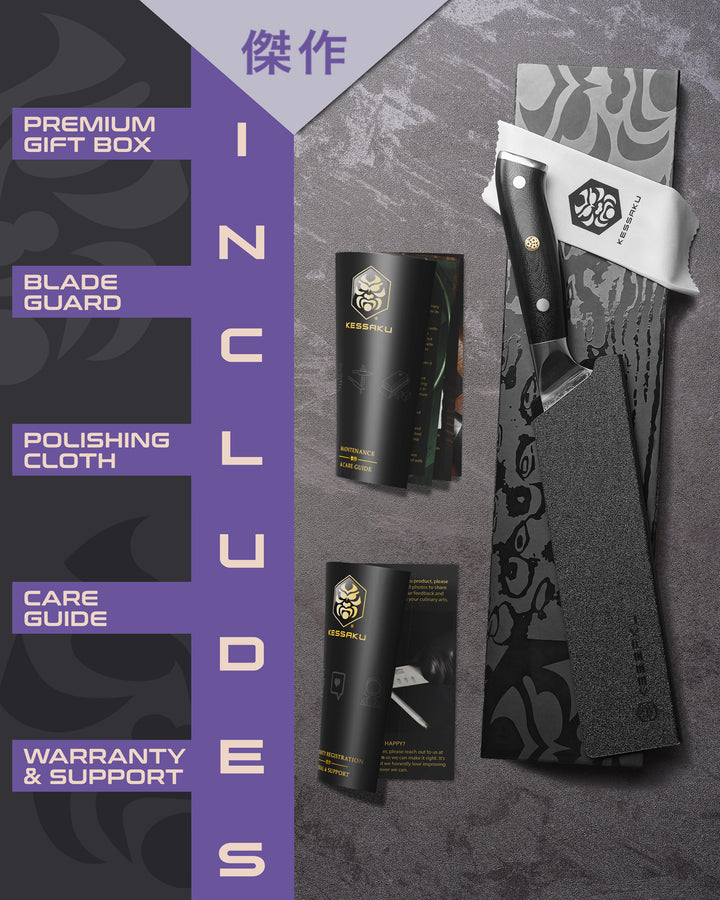 The Kessaku Dynasty Damascus Santoku Knife comes in a premium gift box with a blade guard, polishing cloth, care guide, and warranty & support booklet