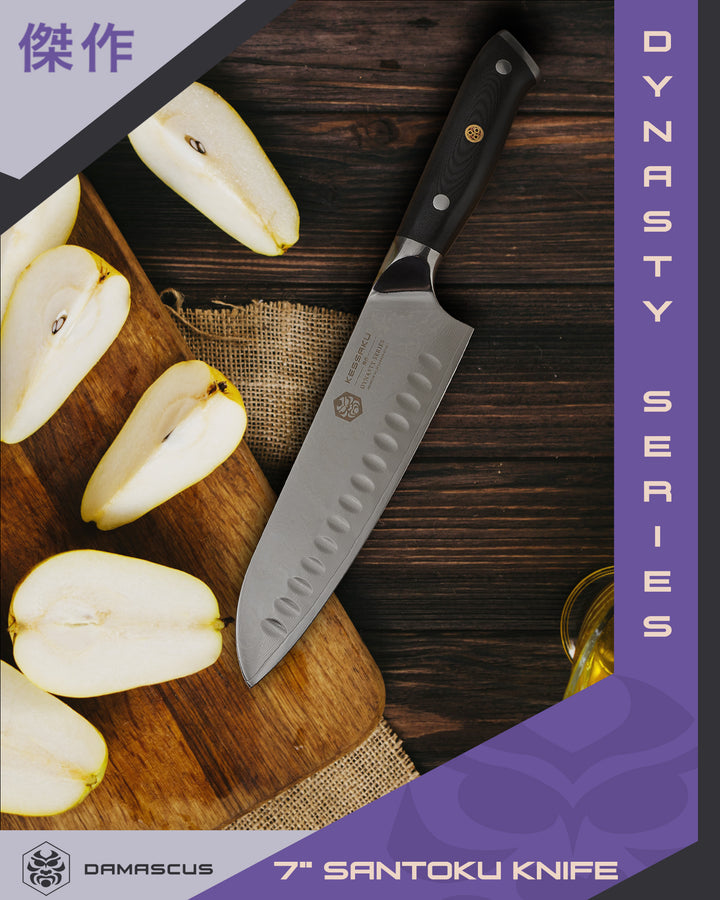 The Damascus Santoku with quartered pears and honey