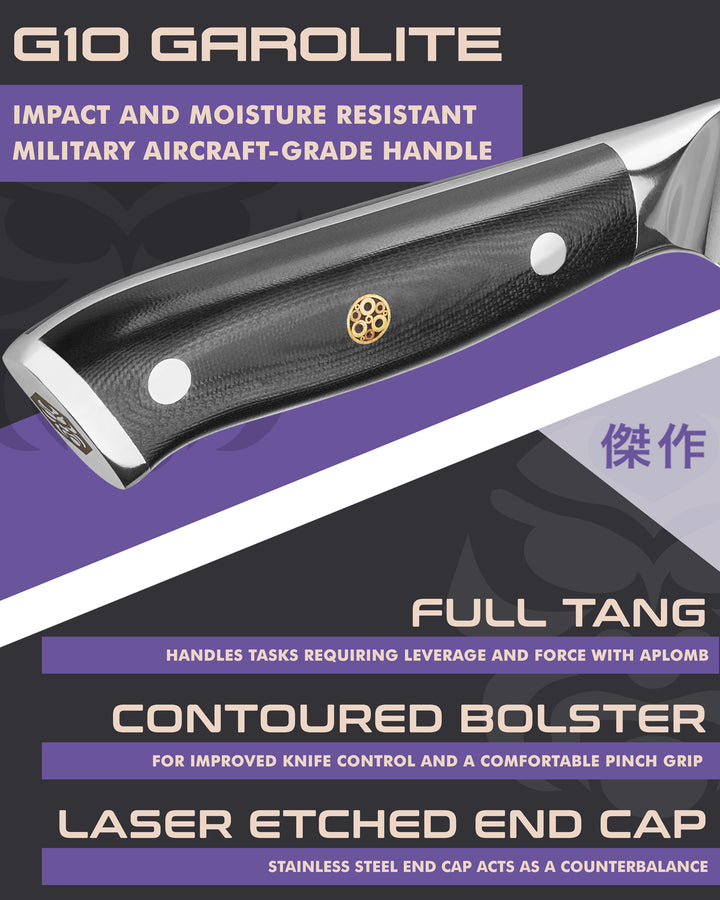 Kessaku Dynasty Damascus Cleaver Knife handle features: G10 handle, full tang, contoured bolster, laser etched end cap