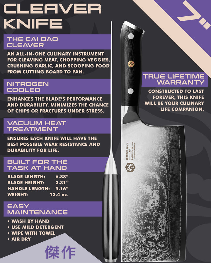 Kessaku Dynasty Damascus Cleaver Knife uses, dimensions, maintenance, warranty info, and additional blade treatments