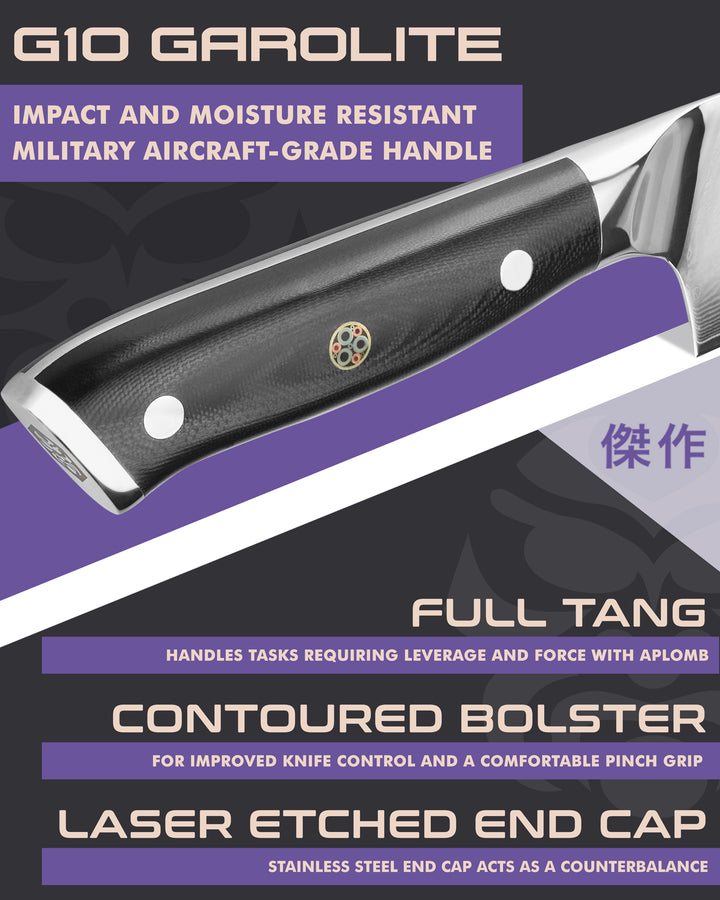 Kessaku Dynasty Damascus Nakiri Knife handle features: G10 handle, full tang, contoured bolster, laser etched end cap
