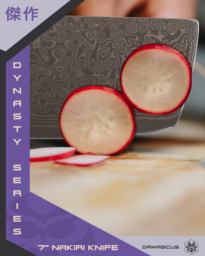 A woman sliced radishes with the Dynasty Damascus Nakiri