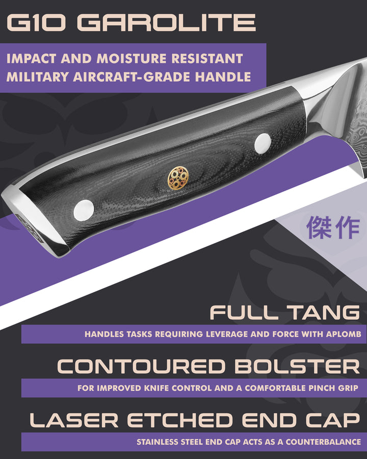 Kessaku Damascus 8-In. Chef's Knife handle features: G10 handle, full tang, contoured bolster, laser etched end cap