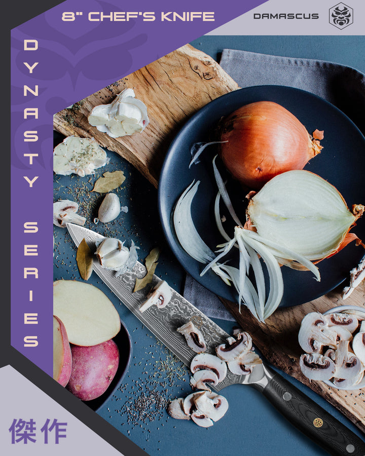 The Damascus Chef's Knife amongst chopped and sliced mushrooms, onion, and potatoes