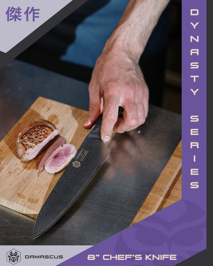 A man sets the Damascus Chef's Knife down next to sliced pork.