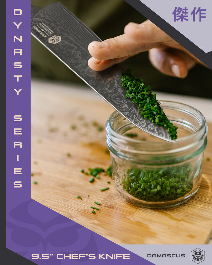 A chef slides finely minced herbs off the blade of the Damascus Chef's Knife