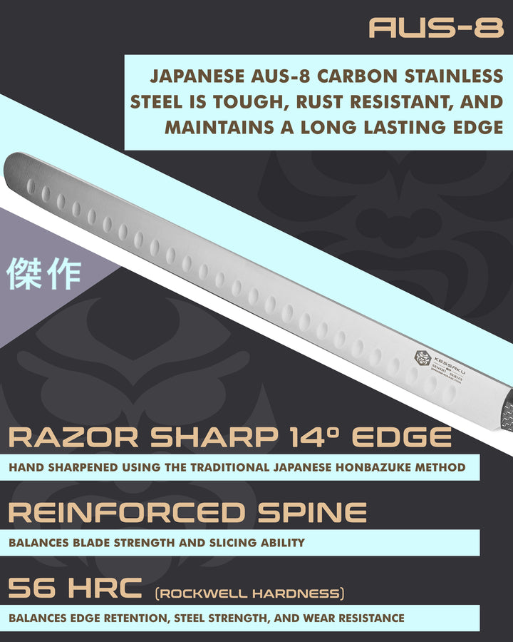 Kessaku Senshi Carving Knife blade features: AUS-8 steel, 56 HRC, 14 degree edge, reinforced spine
