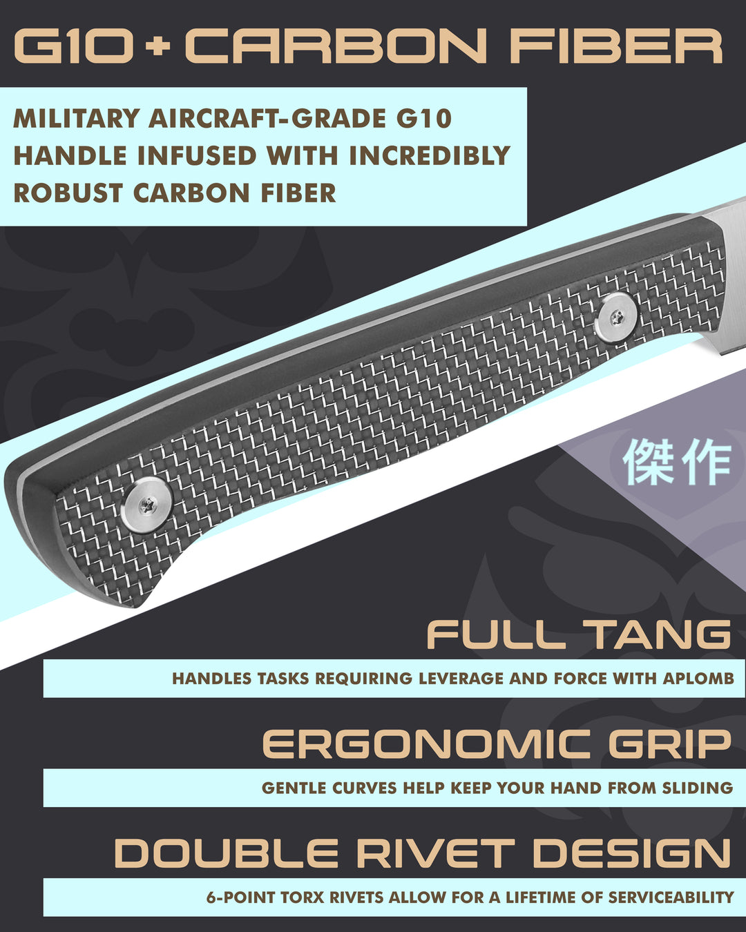 Kessaku Senshi Carving Knife handle features: Carbon fiber infused G10 handle, full tang, ergonomic grip, double torx rivet design